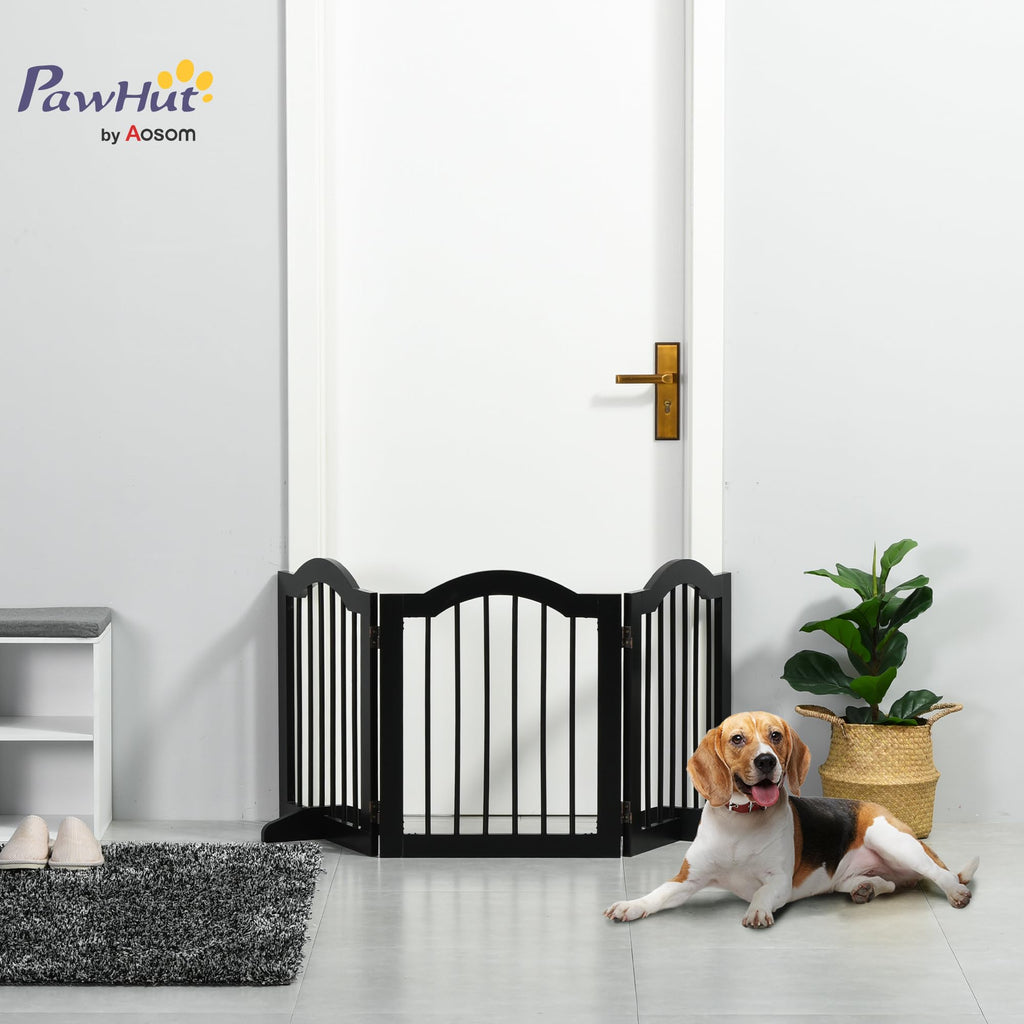 PawHut Freestanding Wooden Pet Gate - Foldable Dog Fence Safety Barrier - Doorway, Stairs - Black - Damaged Box