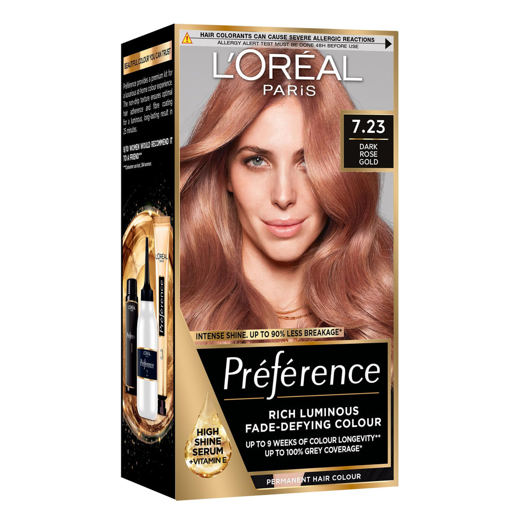 L'Oreal Paris Preference Hair Dye 7.23 Dark Rose Gold Luminous Permanent Hair Colour Long Lasting Brilliance - Damaged Box