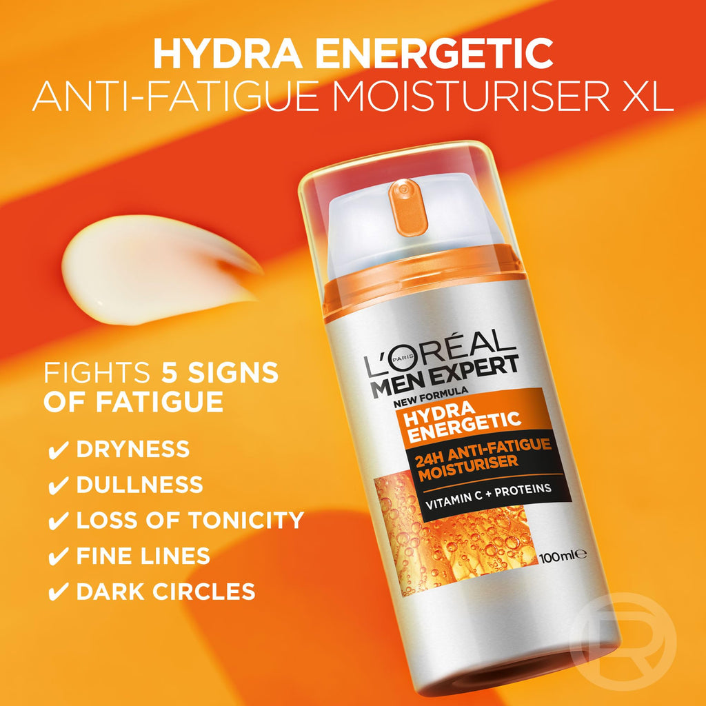 L'Oreal Men Expert Hydra Energetic XXL Moisturiser 100ml - 24H Anti-Fatigue Hydration - Vitamin C Protein Face Cream - New