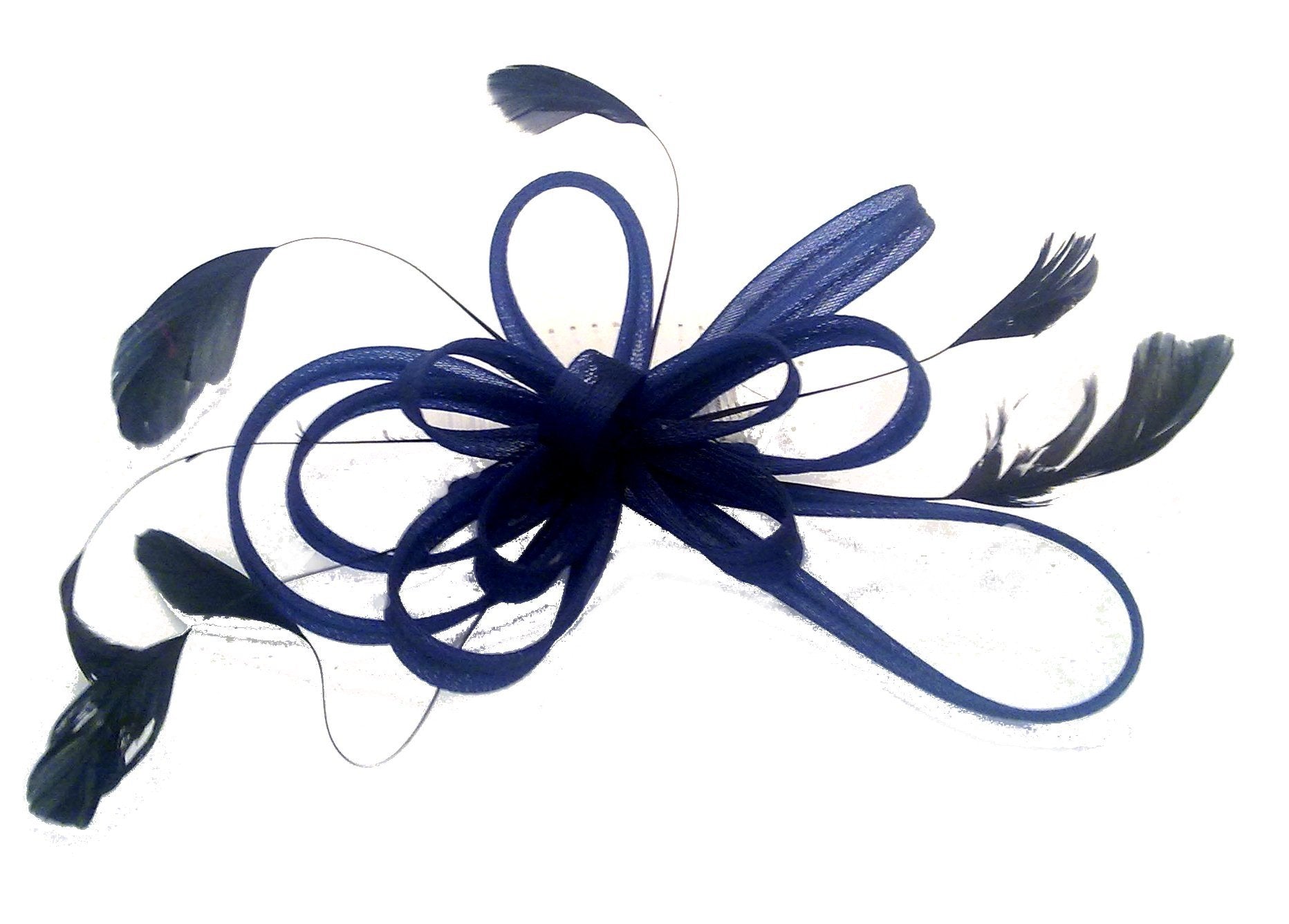 Coiled Net & Feather Hair Fascinator - Comb Clip - Navy Blue Wedding Races Ascot Headpiece - New