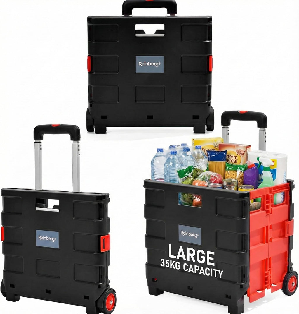 Rainberg Heavy Duty Folding Trolley Box Cart - Extra Large - 35kg Capacity - Collapsible Shopping Crate Boot Cart - Very Good