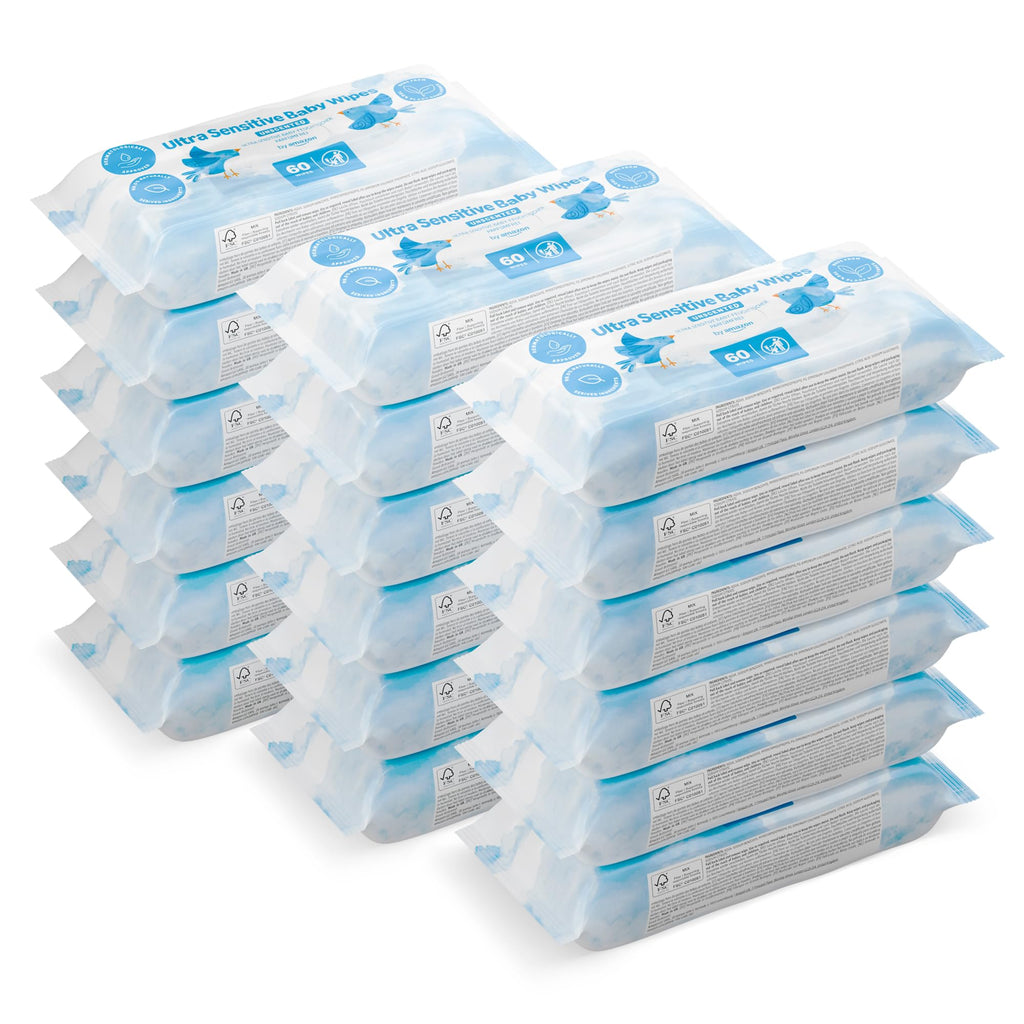 by Amazon Ultra Sensitive Baby Wipes - 99% Water, Unscented - 1080 Wipes (18x 60 Pack) Baby Skin Care - Damaged Box