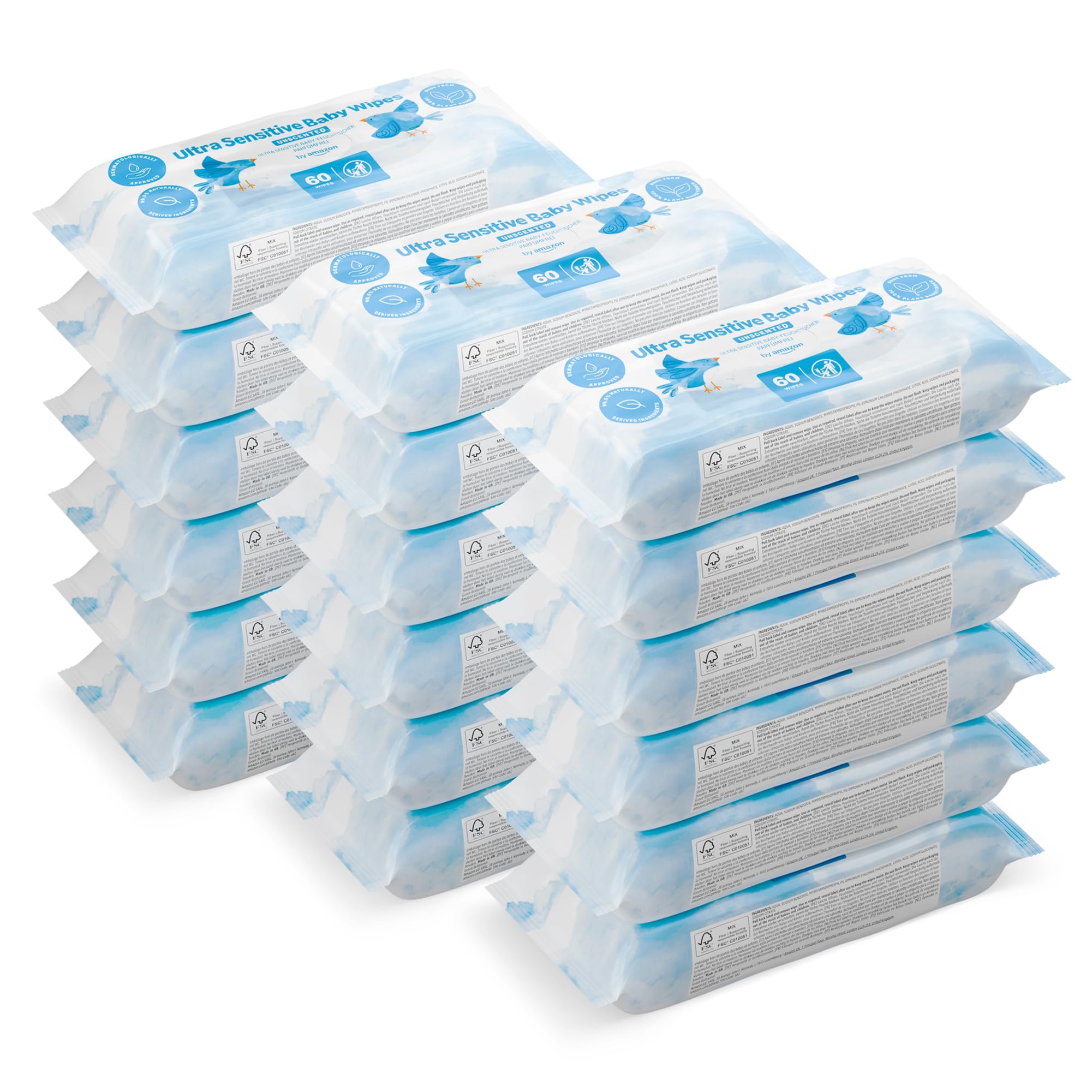 by Amazon Ultra Sensitive Baby Wipes - 99% Water, Unscented - 1080 Wipes (18x 60 Pack) Baby Skin Care - Damaged Box