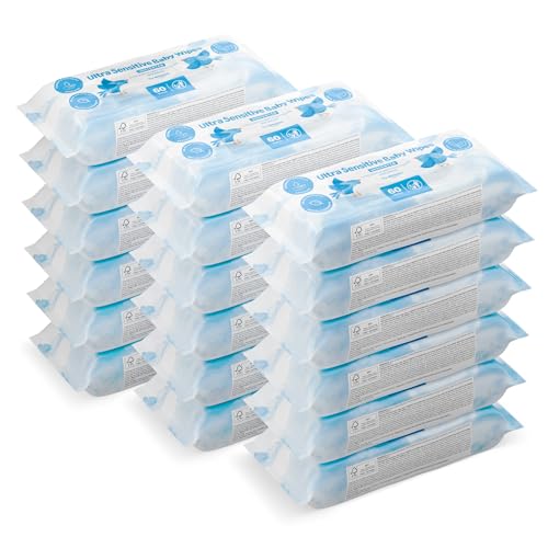 by Amazon Ultra Sensitive Baby Wipes - 99% Water, Unscented - 1080 Wipes (18x 60 Pack) Baby Skin Care - Damaged Box