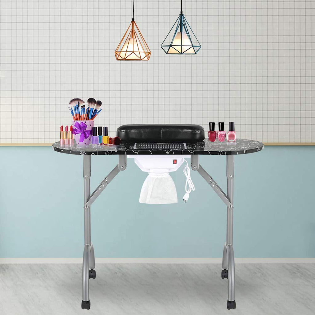LEIBOU Professional Folding Portable Vented Beauty Manicure Table Nail Desk Salon Spa with Fan dust Collector & Bag (35''x 16''x 28'') (Black Flower) - New