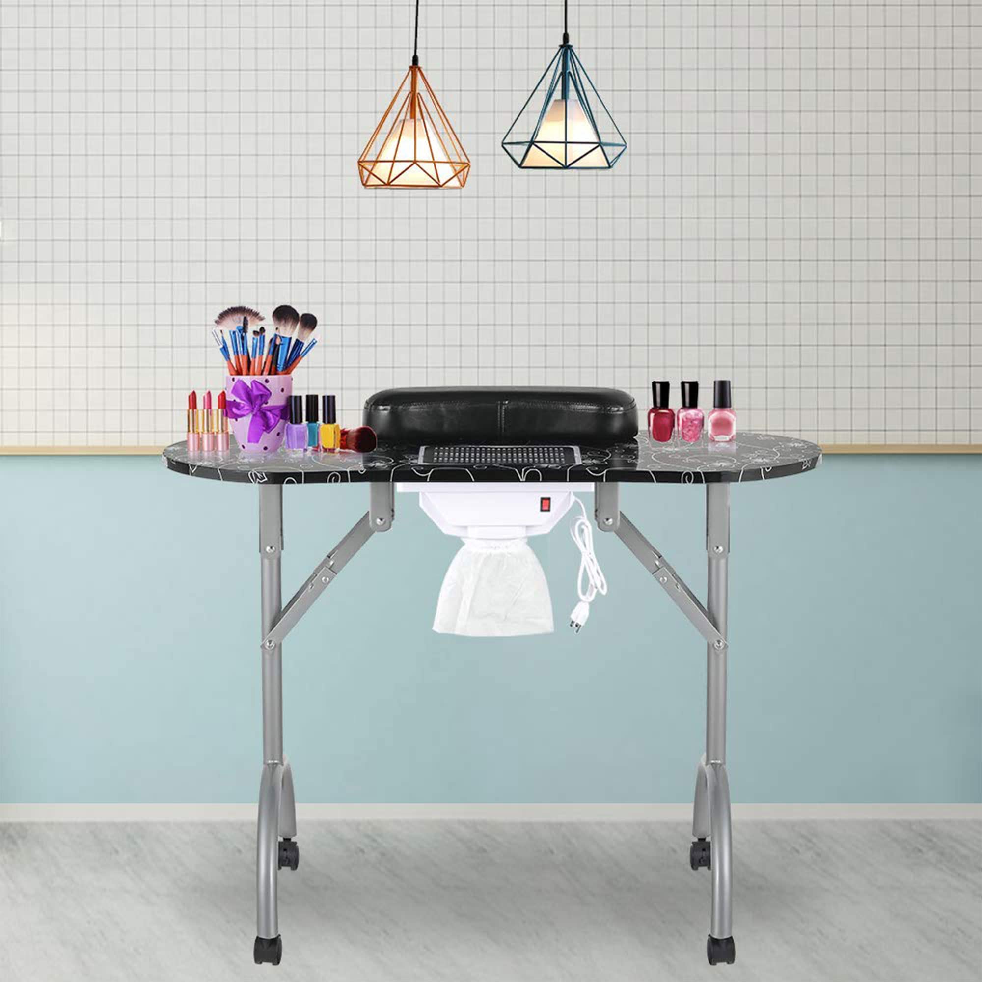 LEIBOU Professional Folding Portable Vented Beauty Manicure Table Nail Desk Salon Spa with Fan dust Collector & Bag (35''x 16''x 28'') (Black Flower) - New