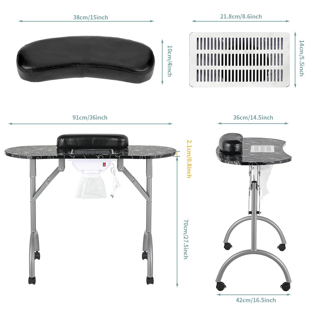 LEIBOU Professional Folding Portable Vented Beauty Manicure Table Nail Desk Salon Spa with Fan dust Collector & Bag (35''x 16''x 28'') (Black Flower) - New