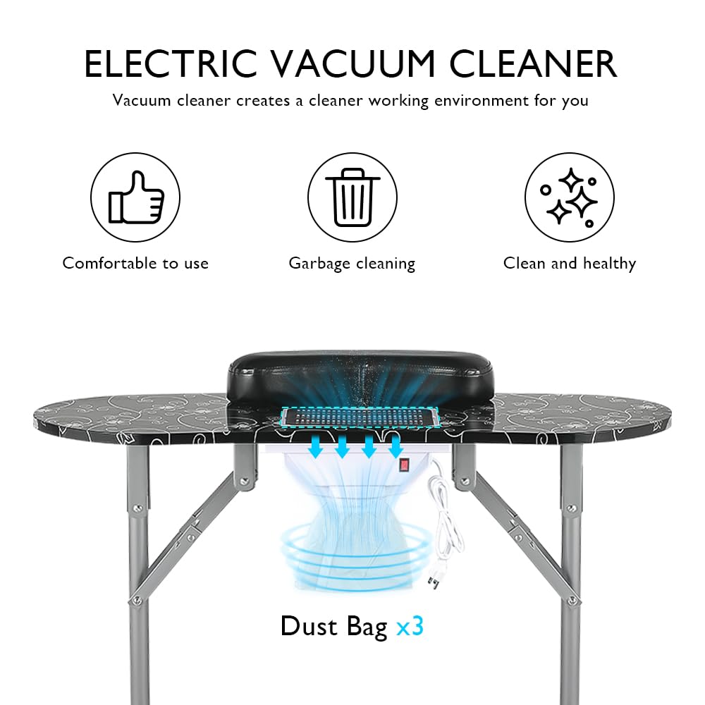 LEIBOU Professional Folding Portable Vented Beauty Manicure Table Nail Desk Salon Spa with Fan dust Collector & Bag (35''x 16''x 28'') (Black Flower) - New