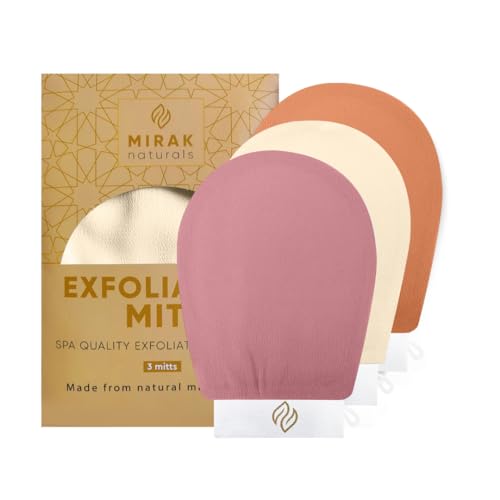 Mirak Naturals 3 Deep Exfoliating Mitts Body Scrub for Soft Skin - Exfoliating Glove & Skin Cleanser Spa Hammam Fake Tan Remover, Double-Sided Deep Exfoliation Scrubbing Mitt, Shower Gloves - Damaged Box