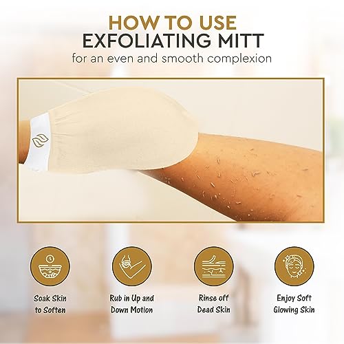 Mirak Naturals 3 Deep Exfoliating Mitts Body Scrub for Soft Skin - Exfoliating Glove & Skin Cleanser Spa Hammam Fake Tan Remover, Double-Sided Deep Exfoliation Scrubbing Mitt, Shower Gloves - Damaged Box