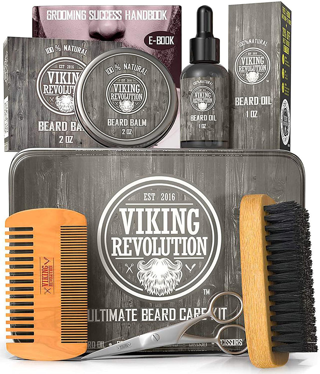 Viking Revolution - Beard Grooming Kit for Men - Ultimate Beard Kit with 100% Boar Beard Brush, Beard Comb, Citrus Beard Balm, Unscented Beard Oil & More - Valentines Gifts for Him - Gifts for Men - New