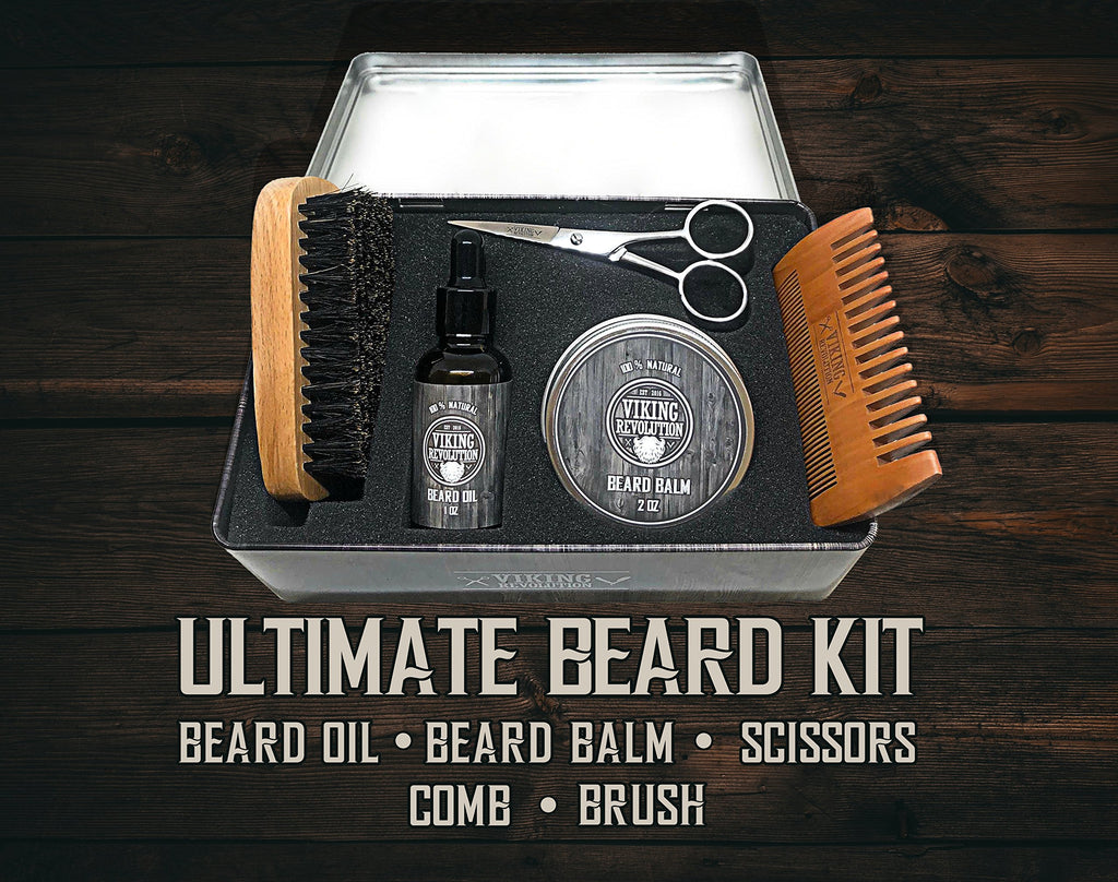 Viking Revolution - Beard Grooming Kit for Men - Ultimate Beard Kit with 100% Boar Beard Brush, Beard Comb, Citrus Beard Balm, Unscented Beard Oil & More - Valentines Gifts for Him - Gifts for Men - New