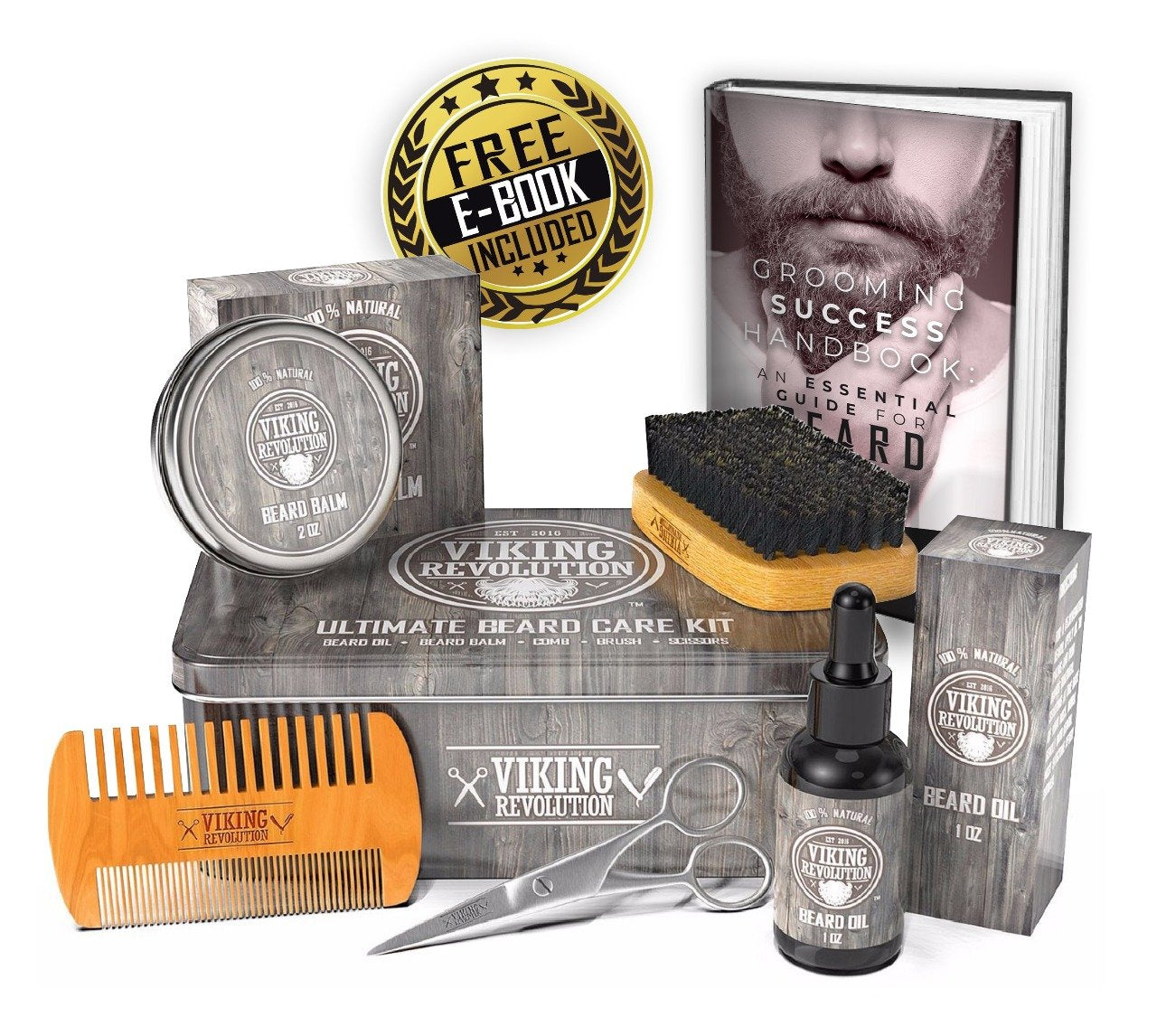 Viking Revolution - Beard Grooming Kit for Men - Ultimate Beard Kit with 100% Boar Beard Brush, Beard Comb, Citrus Beard Balm, Unscented Beard Oil & More - Valentines Gifts for Him - Gifts for Men - New