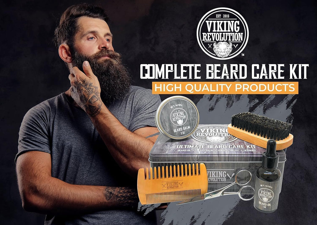 Viking Revolution - Beard Grooming Kit for Men - Ultimate Beard Kit with 100% Boar Beard Brush, Beard Comb, Citrus Beard Balm, Unscented Beard Oil & More - Valentines Gifts for Him - Gifts for Men - New