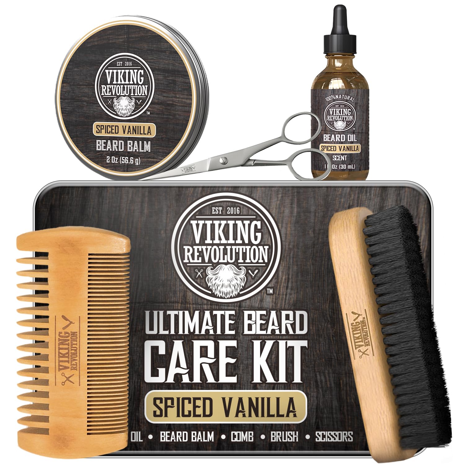 Viking Revolution - Beard Grooming Kit for Men - Ultimate Beard Kit with 100% Boar Beard Brush, Beard Comb, Citrus Beard Balm, Unscented Beard Oil & More - Valentines Gifts for Him - Gifts for Men - New