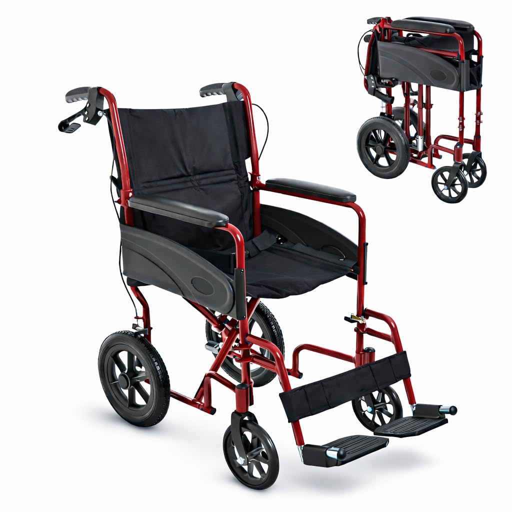Lightweight Aluminium Folding Transit Travel Wheelchair - Red, 9.5kg, Attendant Brakes, Seatbelt, Adjustable Footrests Compact Mobility Aid - Very Good