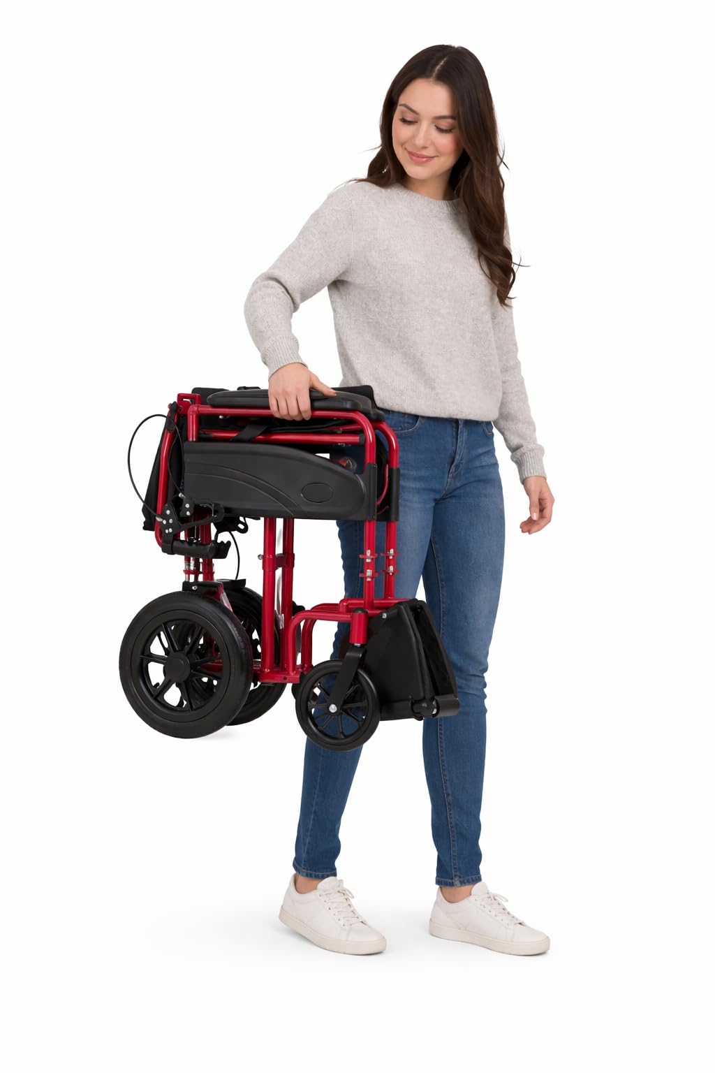 Lightweight Aluminium Folding Transit Travel Wheelchair - Red, 9.5kg, Attendant Brakes, Seatbelt, Adjustable Footrests Compact Mobility Aid - Very Good