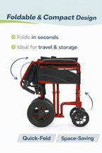 Lightweight Aluminium Folding Transit Travel Wheelchair - Red, 9.5kg, Attendant Brakes, Seatbelt, Adjustable Footrests Compact Mobility Aid - Very Good