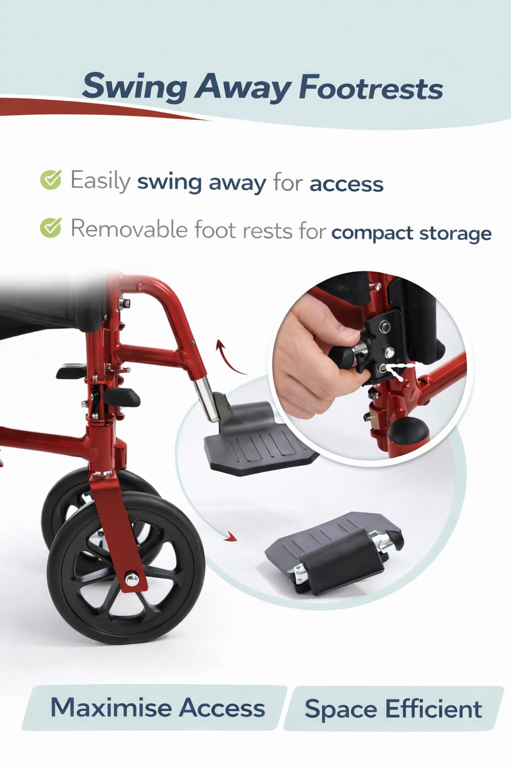 Lightweight Aluminium Folding Transit Travel Wheelchair - Red, 9.5kg, Attendant Brakes, Seatbelt, Adjustable Footrests Compact Mobility Aid - Very Good