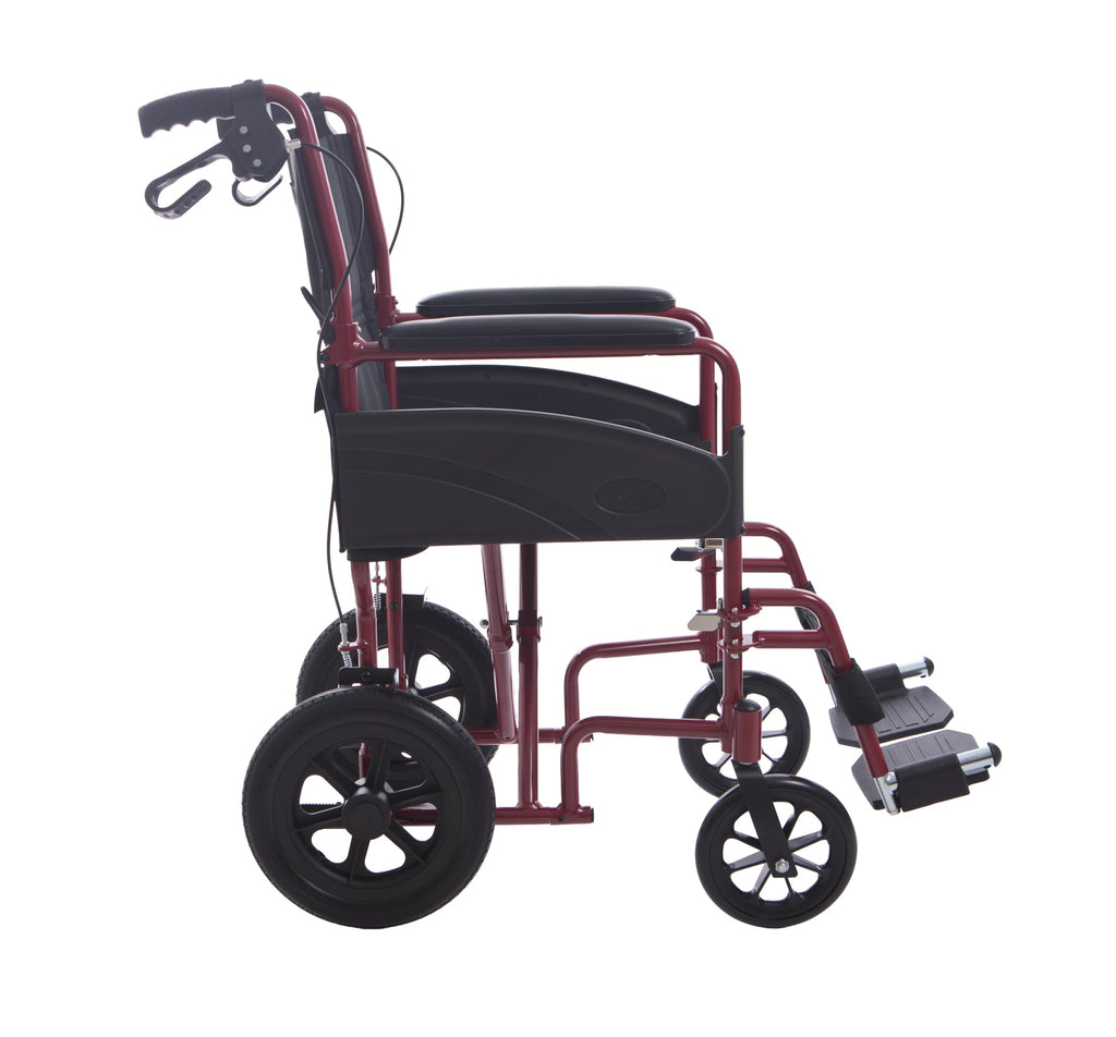 Lightweight Aluminium Folding Transit Travel Wheelchair - Red, 9.5kg, Attendant Brakes, Seatbelt, Adjustable Footrests Compact Mobility Aid - Very Good