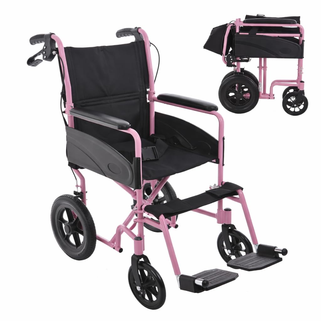 Lightweight Aluminium Folding Transit Travel Wheelchair - Red, 9.5kg, Attendant Brakes, Seatbelt, Adjustable Footrests Compact Mobility Aid - Very Good