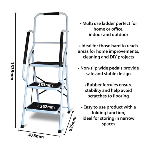 Aidapt Step Stool with Handrail - 3-Step Folding Ladder - Non-Slip Wide Pedals - Sturdy Steel Frame for Home Office DIY - Very Good