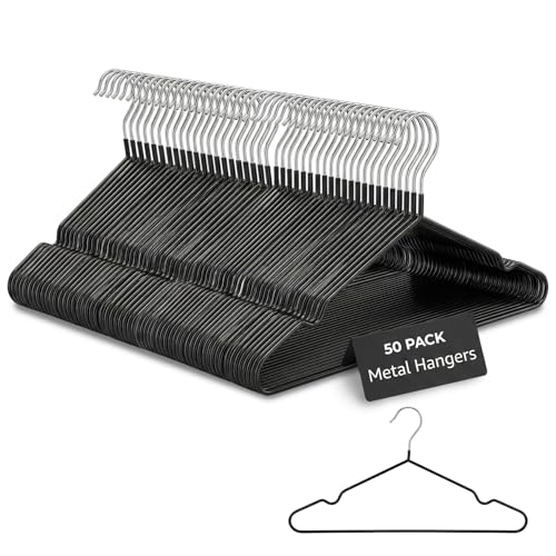 Rainberg Rubber Coated Metal Hangers - 50 Pack Heavy Duty Space Saving Non-Slip Clothes Wardrobe Coat Hangers - Black - Very Good