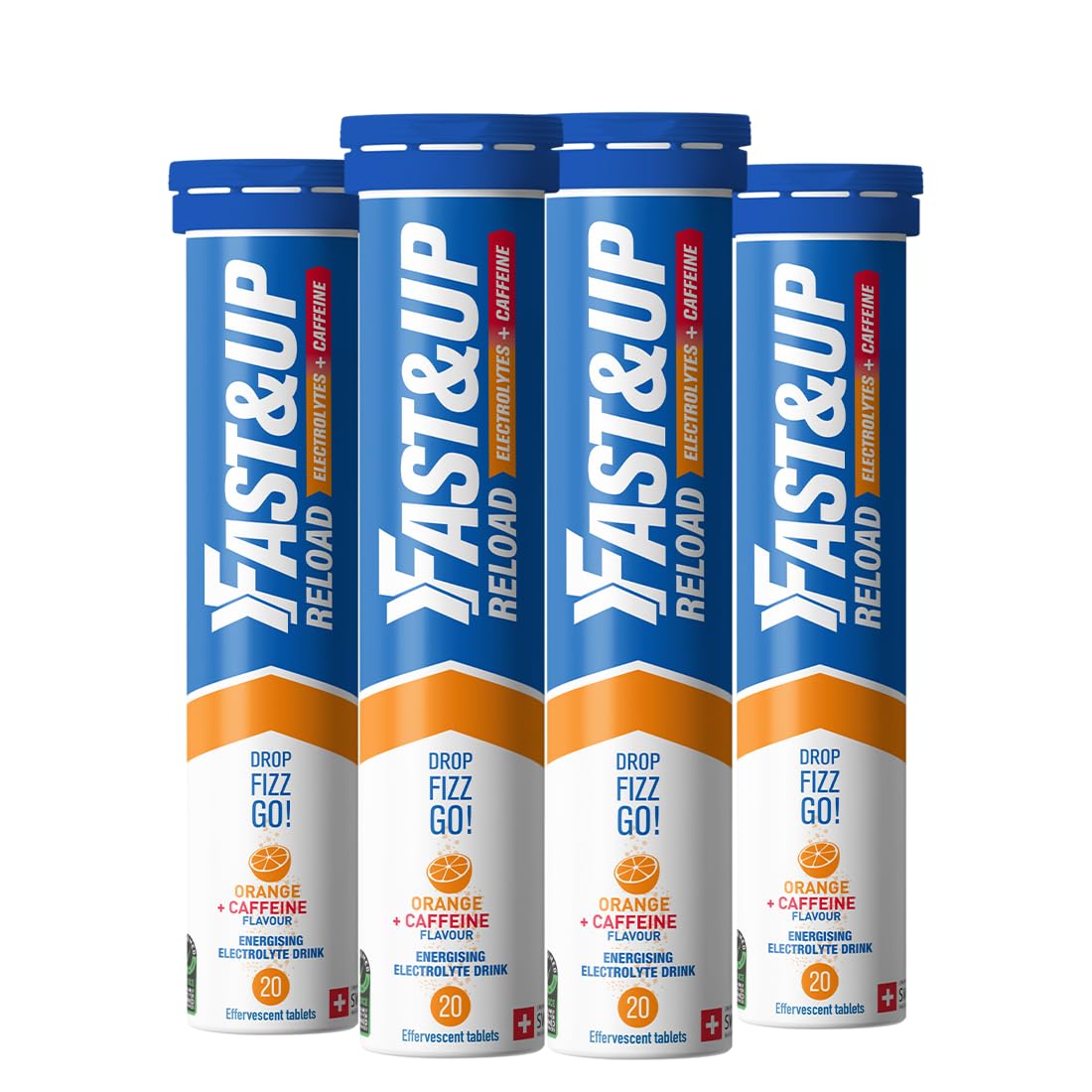 Fast&Up Reload Electrolyte Drink - Orange Caffeine 80 Effervescent Hydration Tablets - Vitamin C B12 Vegan - Damaged Box - BBE 04/2028