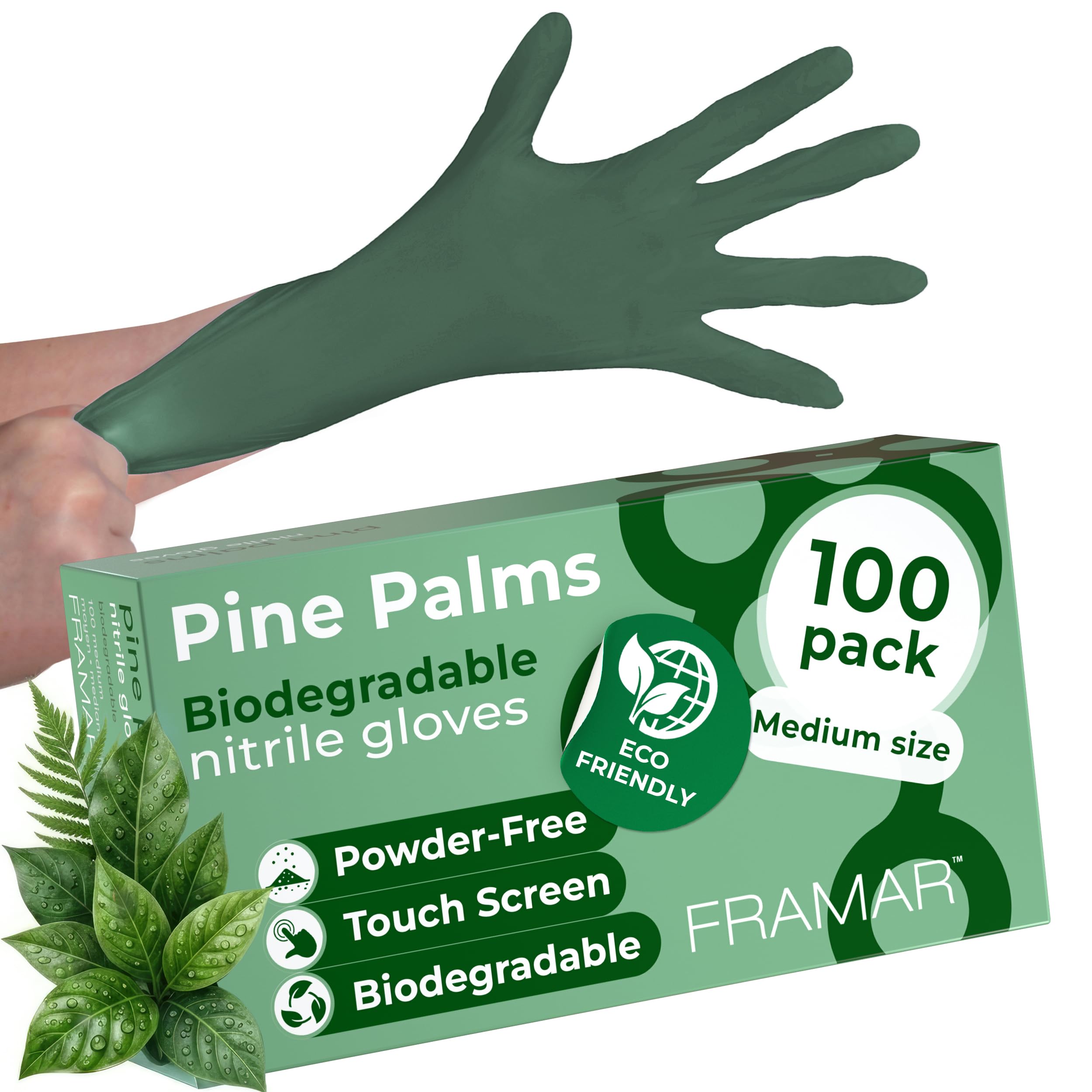 FRAMAR Green Nitrile Gloves Medium, Biodegradable Disposable Latex-Free - Damaged Box