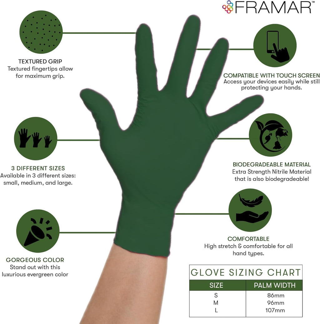 FRAMAR Green Nitrile Gloves Medium, Biodegradable Disposable Latex-Free - Damaged Box