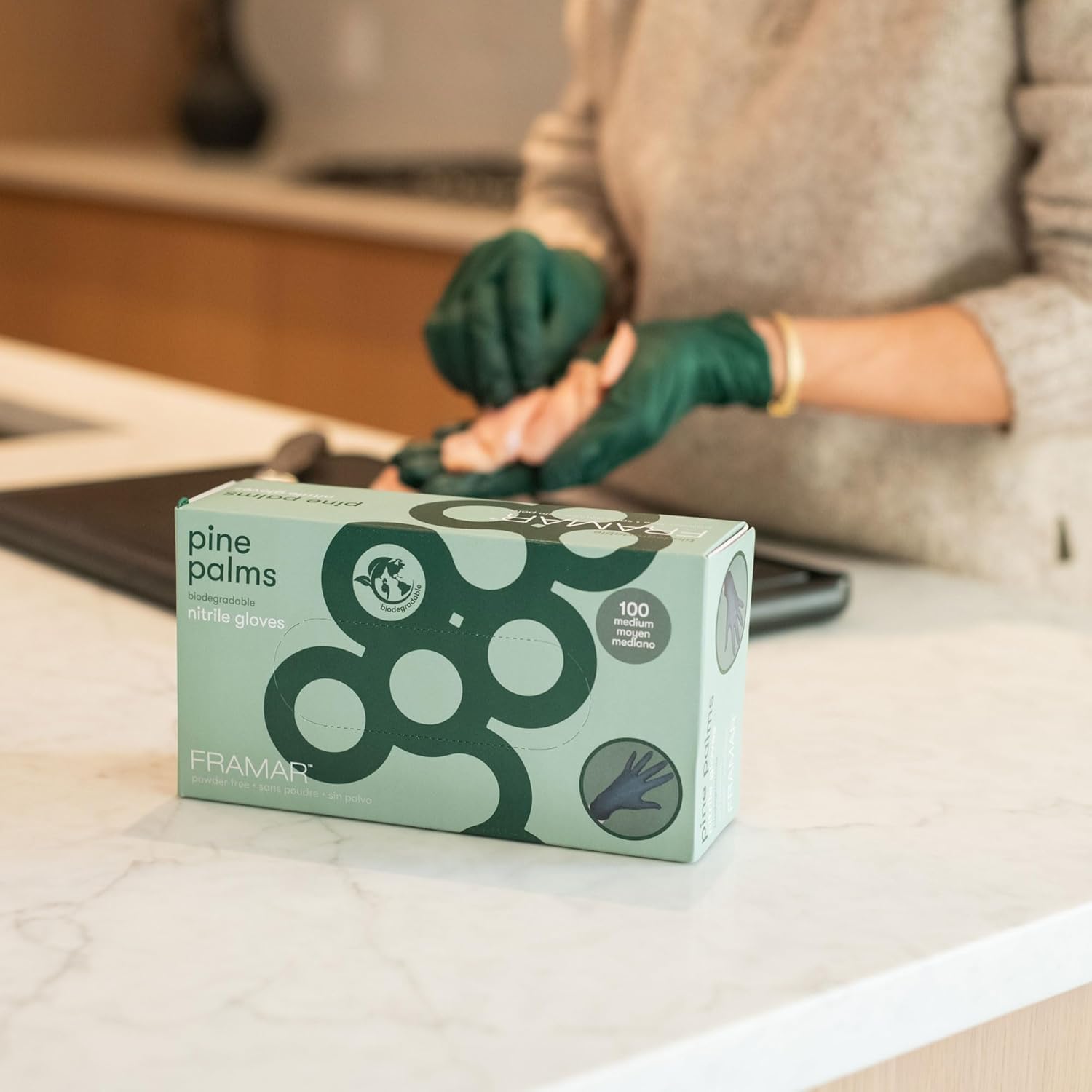 FRAMAR Green Nitrile Gloves Medium, Biodegradable Disposable Latex-Free - Damaged Box