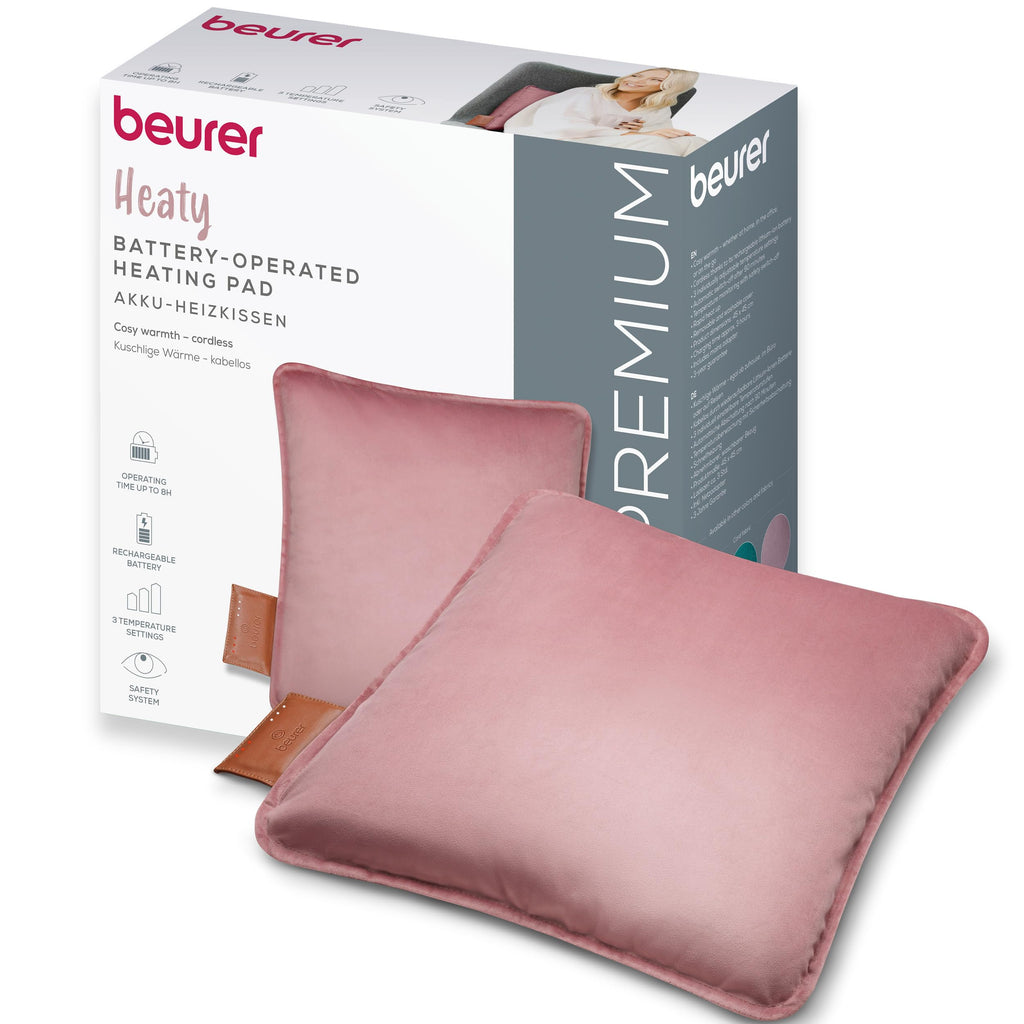 Beurer Heaty Cordless Heat Pad with Battery - 3 Temperature Settings, Fast Heating, Soft Velvet, Rose - Damaged Box