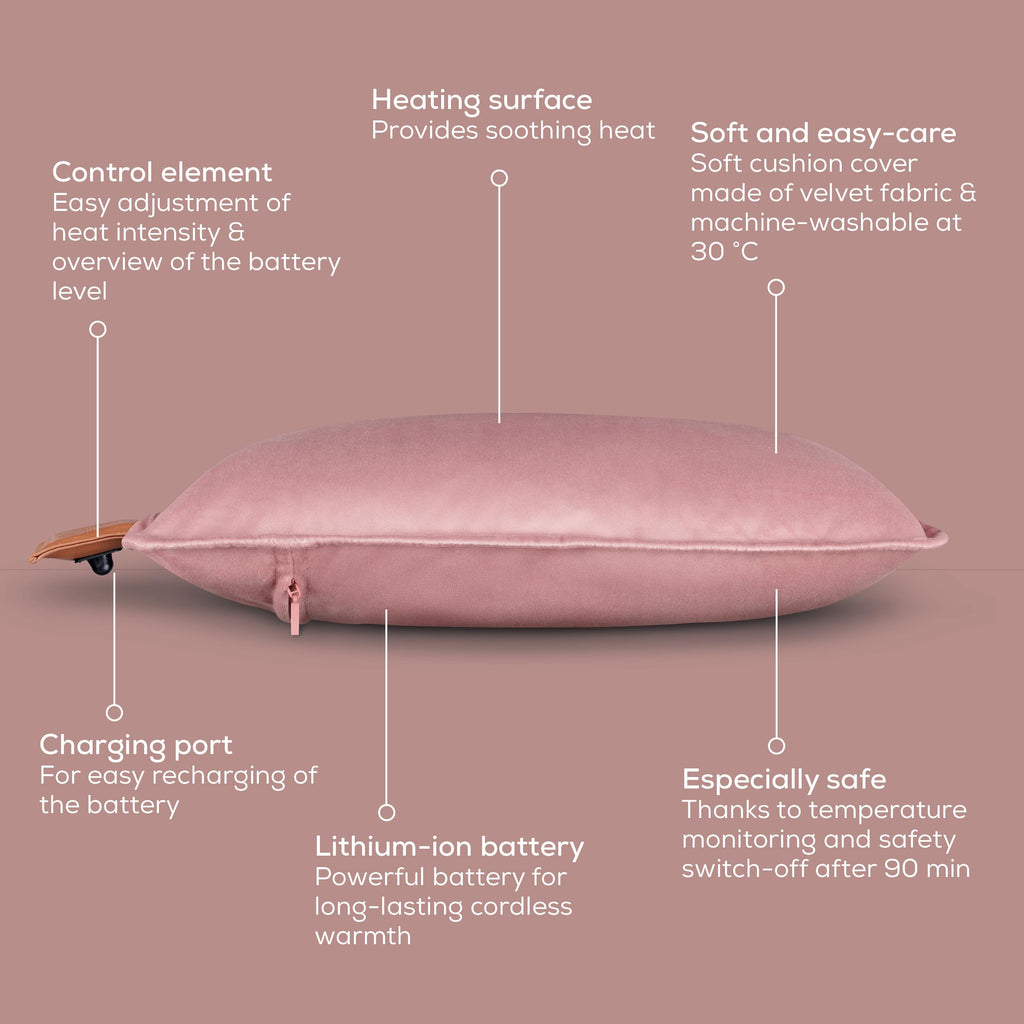 Beurer Heaty Cordless Heat Pad with Battery - 3 Temperature Settings, Fast Heating, Soft Velvet, Rose - Damaged Box