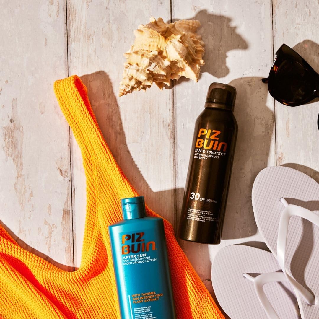 Piz Buin After Sun Tan Intensifying Moisturising Lotion (200ml), Nourishing Aftersun Cream with Vitamin E and Shea Butter, Ideal to Soothe Sensitive Skin, with Tanimel Tan Intensifying Plant Extract - New