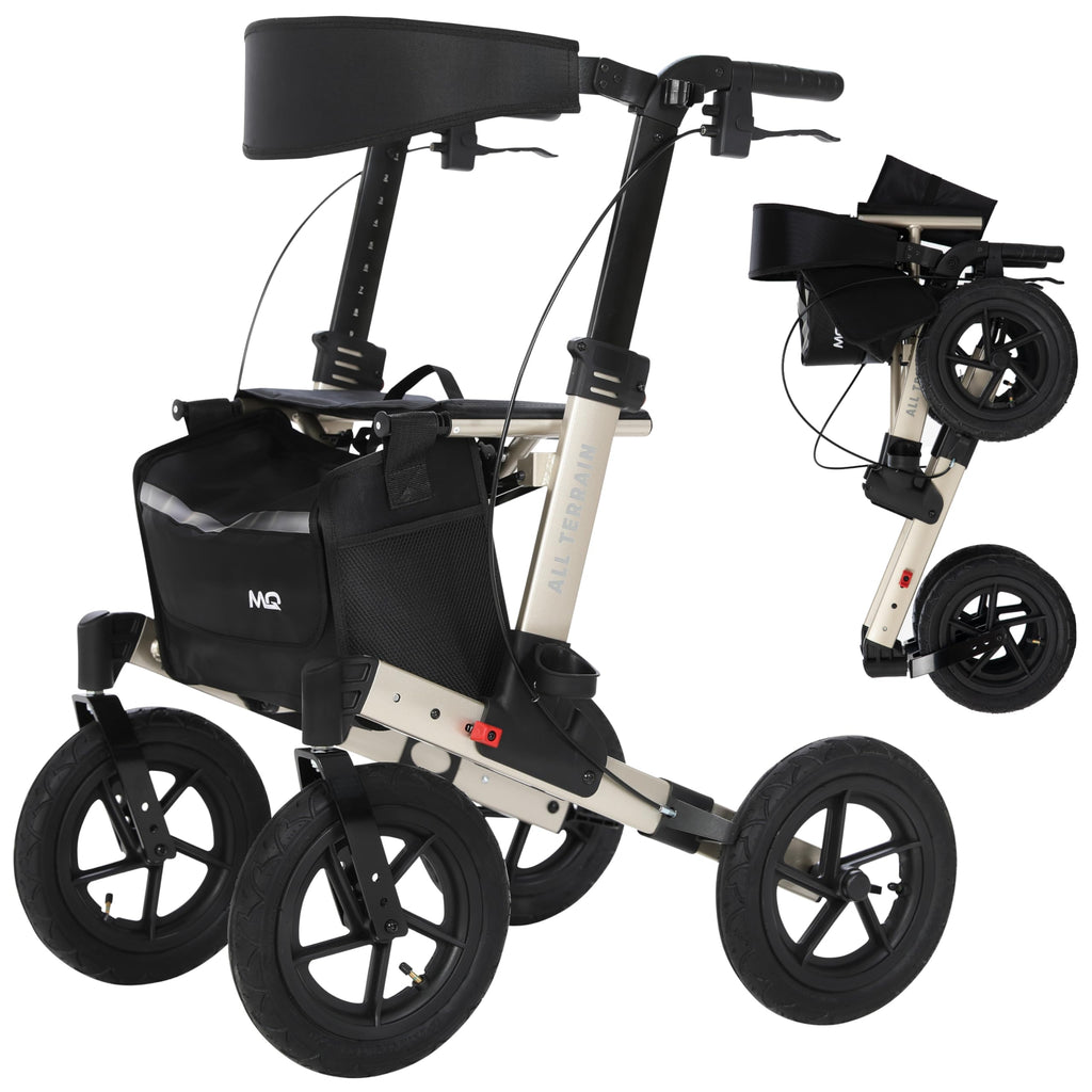 MobiQuip All Terrain 4 Wheel Rollator Walker with Seat, Champagne Coloured Frame - Lightweight, Folding Mobility Aids with Large 12" Pneumatic Tyres - Adjustable Handles, Easy-Grip Brakes & Storage - Damaged Box