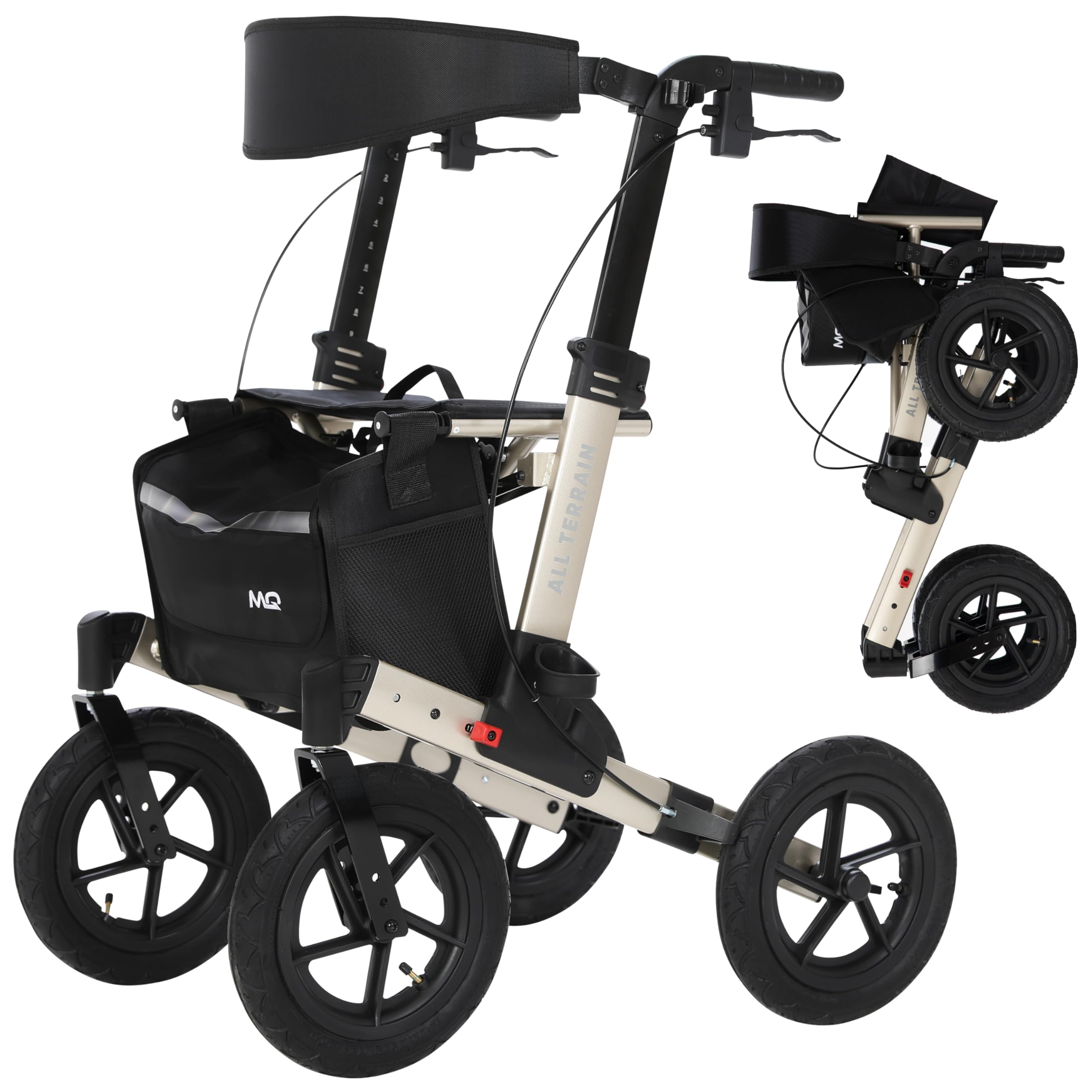 MobiQuip All Terrain 4 Wheel Rollator Walker with Seat, Champagne Coloured Frame - Lightweight, Folding Mobility Aids with Large 12" Pneumatic Tyres - Adjustable Handles, Easy-Grip Brakes & Storage - Damaged Box