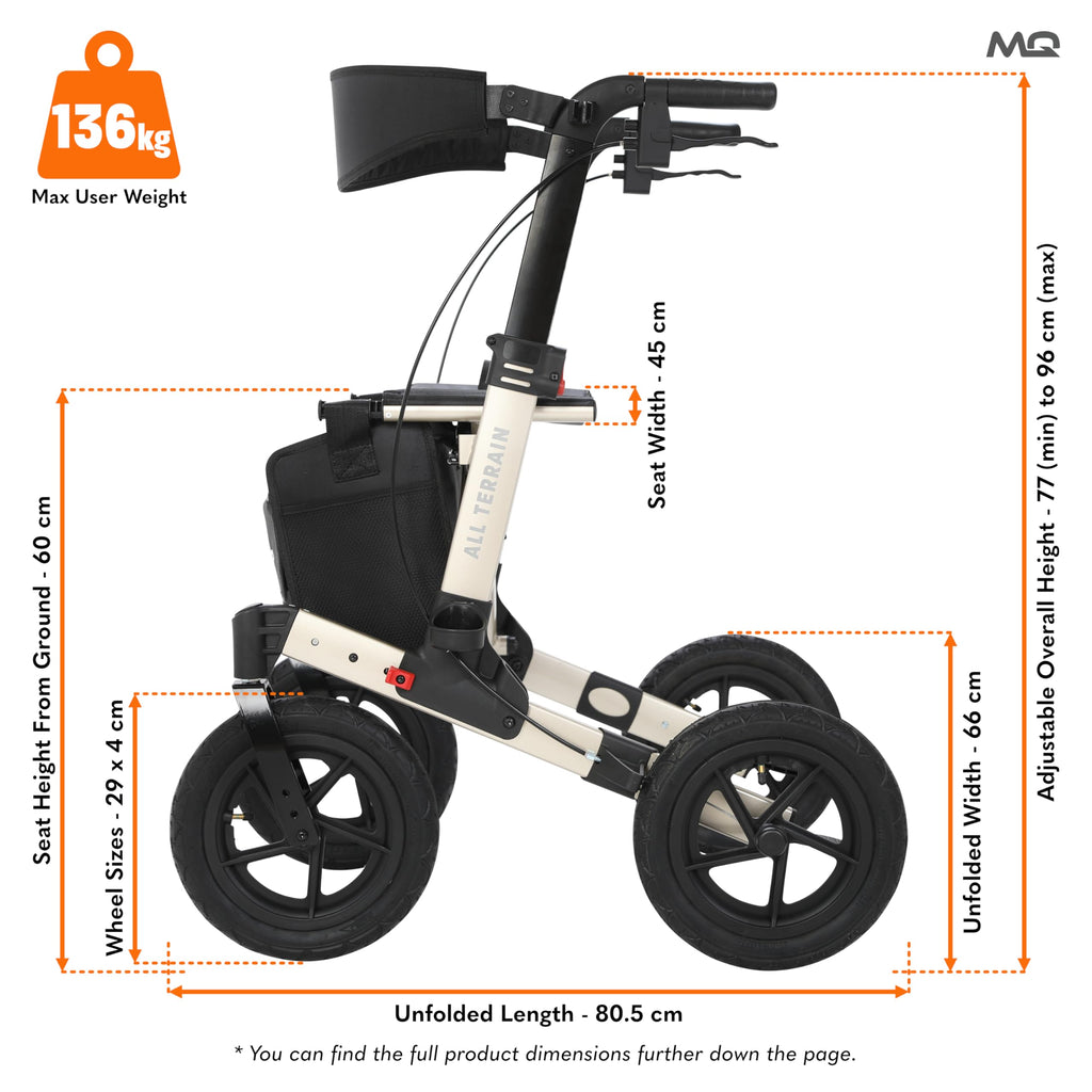 MobiQuip All Terrain 4 Wheel Rollator Walker with Seat, Champagne Coloured Frame - Lightweight, Folding Mobility Aids with Large 12" Pneumatic Tyres - Adjustable Handles, Easy-Grip Brakes & Storage - Damaged Box