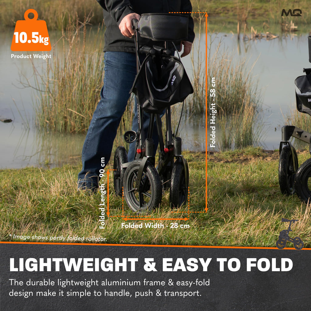 MobiQuip All Terrain 4 Wheel Rollator Walker with Seat, Champagne Coloured Frame - Lightweight, Folding Mobility Aids with Large 12" Pneumatic Tyres - Adjustable Handles, Easy-Grip Brakes & Storage - Damaged Box