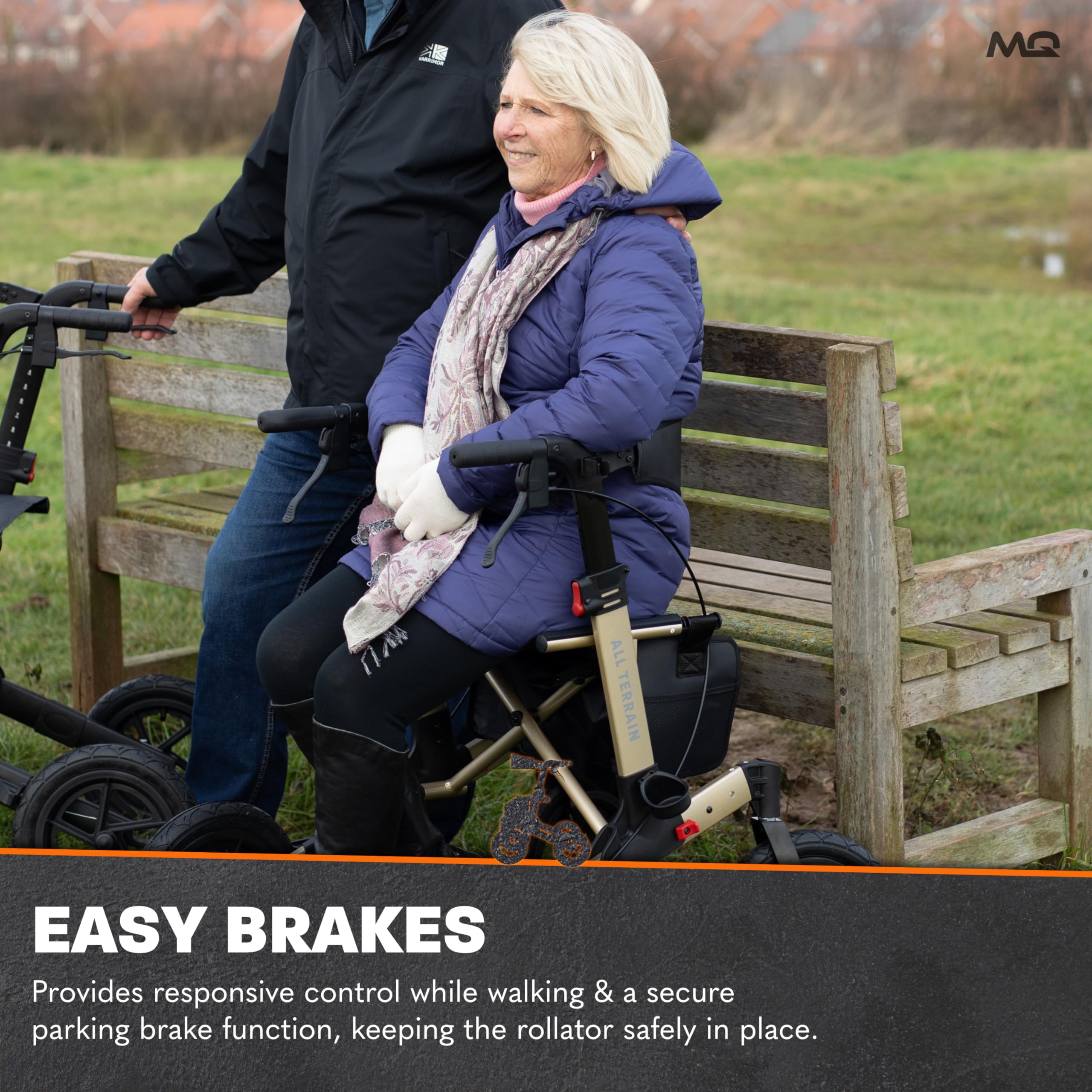 MobiQuip All Terrain 4 Wheel Rollator Walker with Seat, Champagne Coloured Frame - Lightweight, Folding Mobility Aids with Large 12" Pneumatic Tyres - Adjustable Handles, Easy-Grip Brakes & Storage - Damaged Box