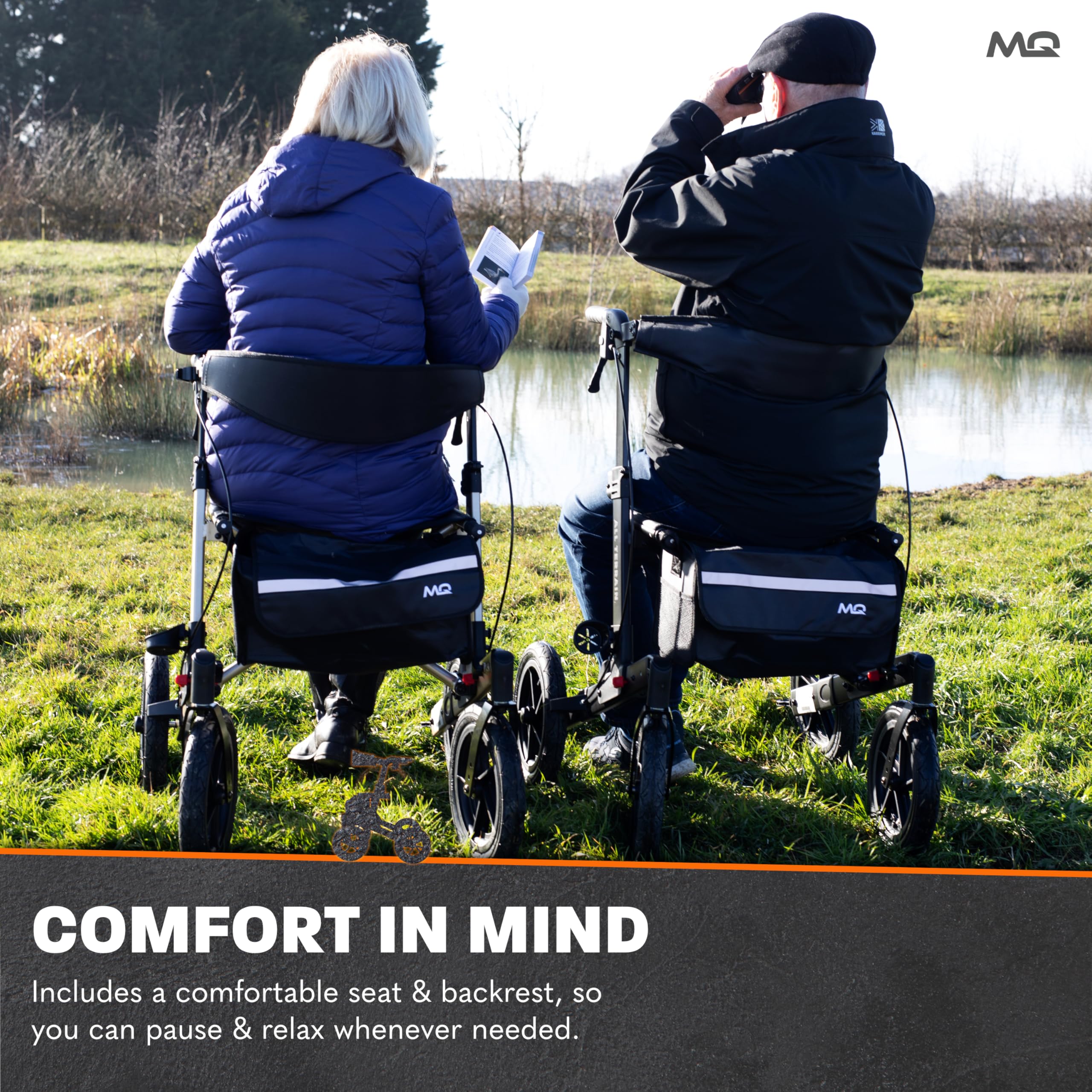 MobiQuip All Terrain 4 Wheel Rollator Walker with Seat, Champagne Coloured Frame - Lightweight, Folding Mobility Aids with Large 12" Pneumatic Tyres - Adjustable Handles, Easy-Grip Brakes & Storage - Damaged Box