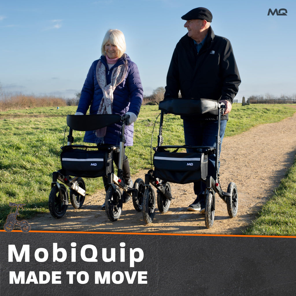 MobiQuip All Terrain 4 Wheel Rollator Walker with Seat, Champagne Coloured Frame - Lightweight, Folding Mobility Aids with Large 12" Pneumatic Tyres - Adjustable Handles, Easy-Grip Brakes & Storage - Damaged Box