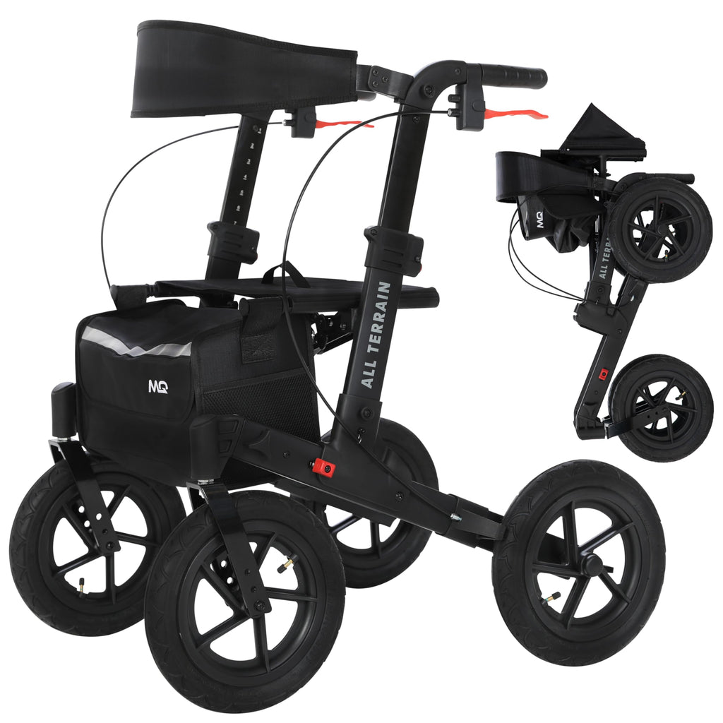 MobiQuip All Terrain 4 Wheel Rollator Walker with Seat, Champagne Coloured Frame - Lightweight, Folding Mobility Aids with Large 12" Pneumatic Tyres - Adjustable Handles, Easy-Grip Brakes & Storage - Damaged Box