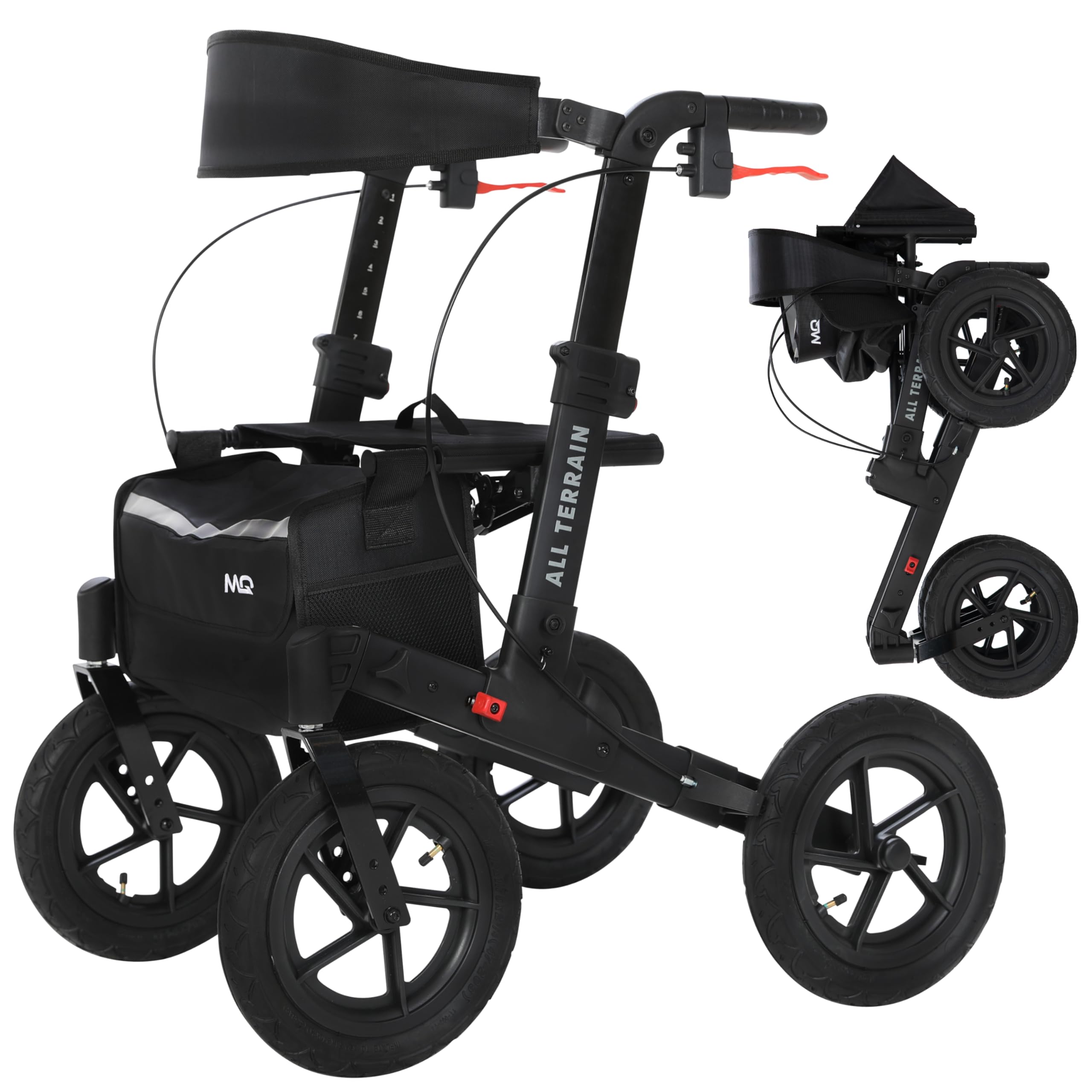 MobiQuip All Terrain 4 Wheel Rollator Walker with Seat, Champagne Coloured Frame - Lightweight, Folding Mobility Aids with Large 12" Pneumatic Tyres - Adjustable Handles, Easy-Grip Brakes & Storage - Damaged Box