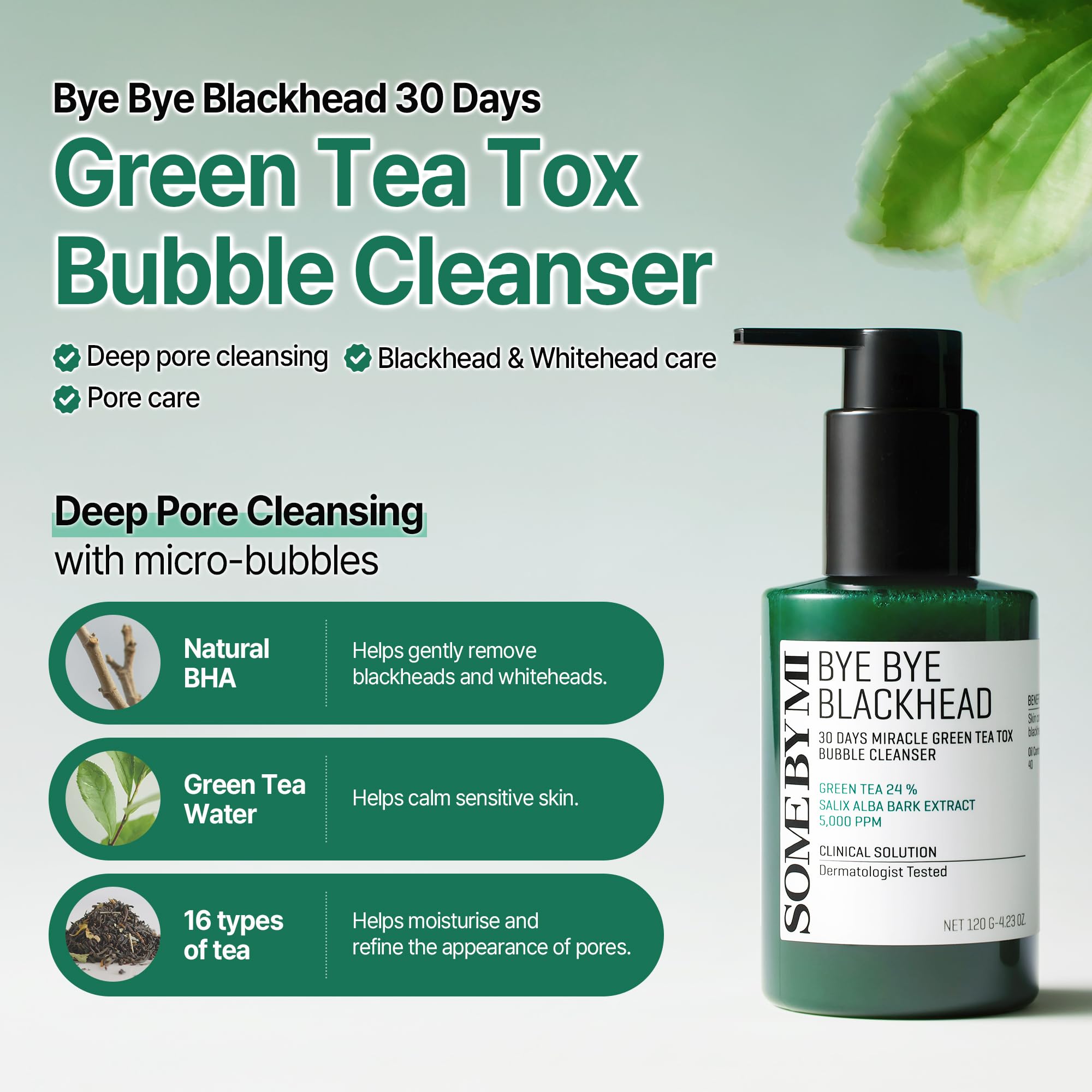 SOME BY MI Bye Bye Blackhead 30 Days Miracle Green Tea Tox Bubble Cleanser - 4.23 Oz, 120g - Made from Green Tea Extract - Mild Daily Face Wash for Removing Sebum and Blackheads - Korean SkinCare - Damaged Box