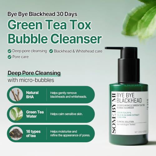 SOME BY MI Bye Bye Blackhead 30 Days Miracle Green Tea Tox Bubble Cleanser - 4.23 Oz, 120g - Made from Green Tea Extract - Mild Daily Face Wash for Removing Sebum and Blackheads - Korean SkinCare - Damaged Box