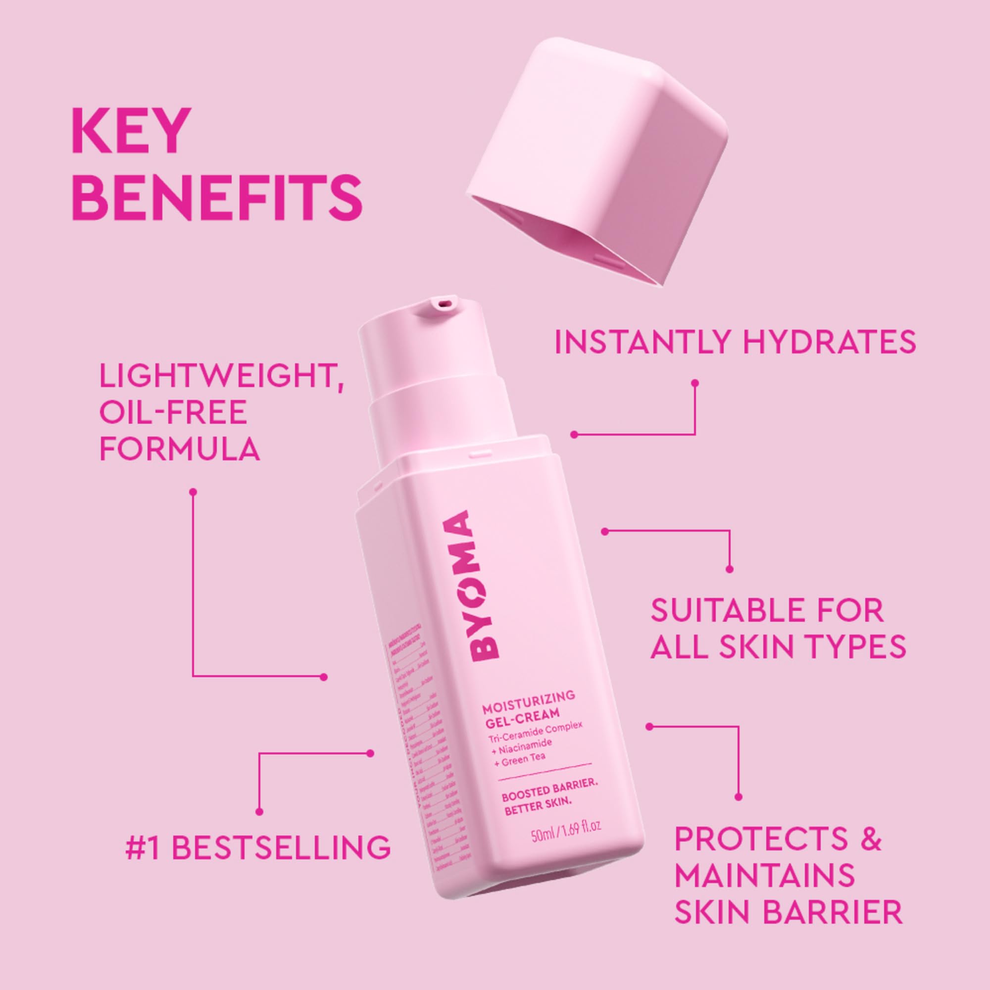 BYOMA Moisturising Gel Cream, Lightweight Oil Free Daily Moisturiser (50ml) - New