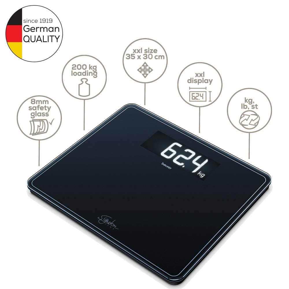 Beurer GS410 Signature Line Glass Bathroom Scale - Black - XXL Display - 200kg Capacity - Safety Glass Weighing Scale - Very Good