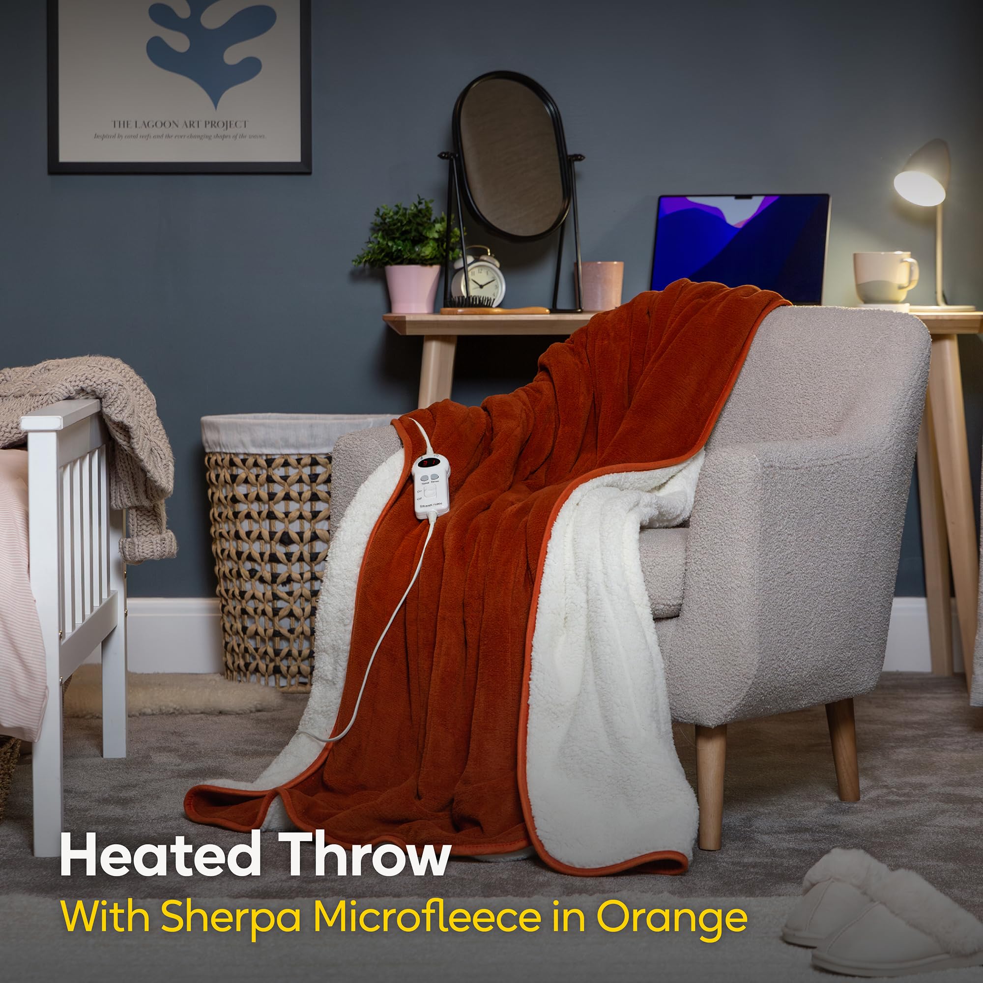 Russell Hobbs Electric Heated Throw Blanket - Orange Sherpa Microfleece 130x180cm, Digital Remote, 9 Heat Settings, Auto Shutoff RHHT1003OR - Damaged Box
