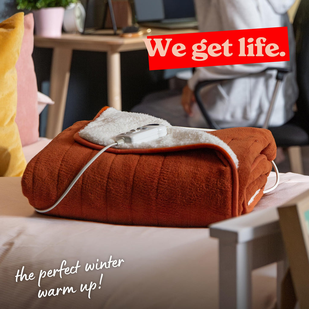 Russell Hobbs Electric Heated Throw Blanket - Orange Sherpa Microfleece 130x180cm, Digital Remote, 9 Heat Settings, Auto Shutoff RHHT1003OR - Damaged Box