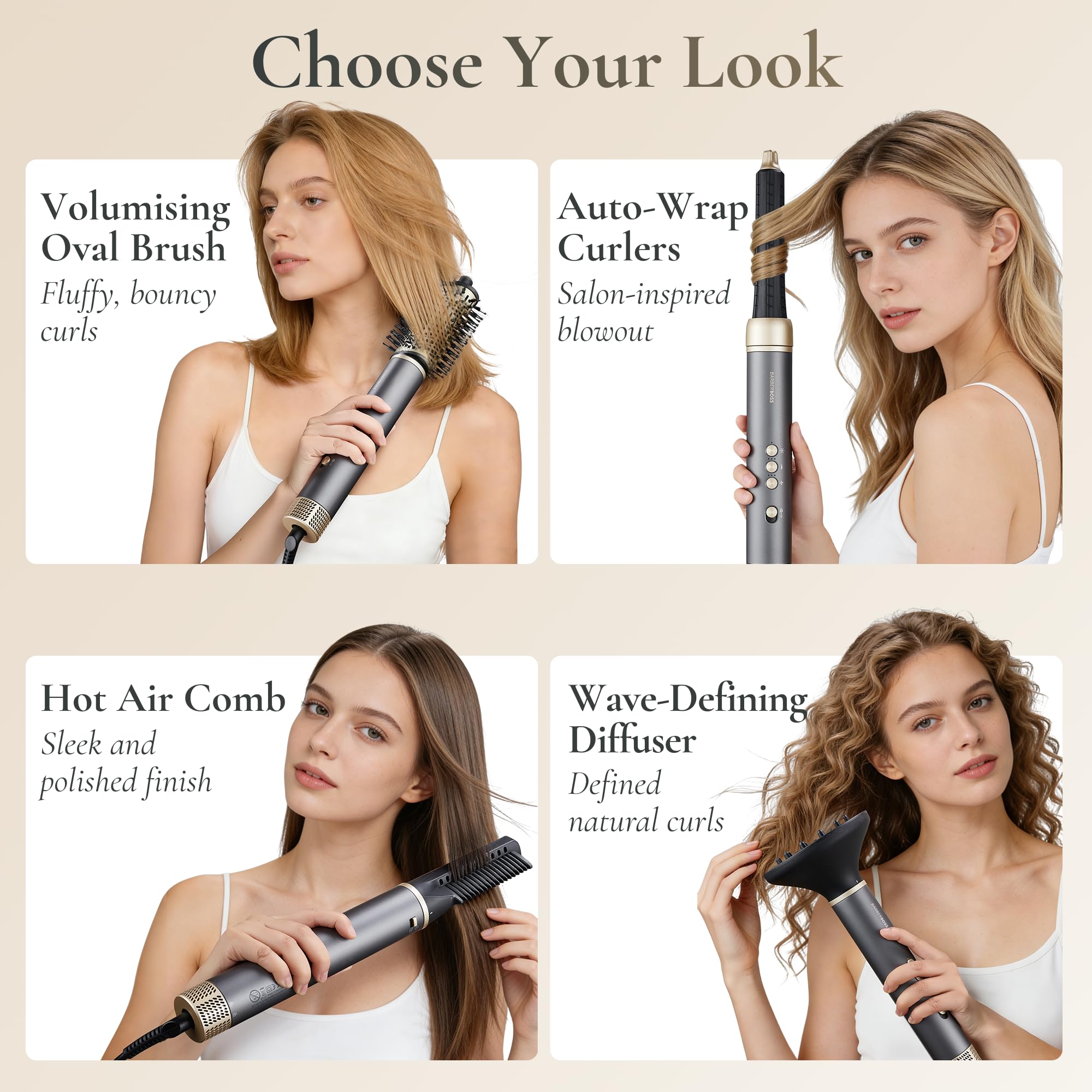 BarberBoss All-in-One Hot Air Styler, Professional Fast Drying Hair Dryer, Anti Frizz, Negative Ionic Technology Air Styler, Volumiser and Curler, Straightener, High Speed Hair Styling Tool, QR-8820 - New